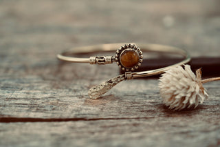Tiger's Eye Brass Bangle Bracelet – Boho Cuff with White Gemstone – Adjustable Statement Jewellery Gift for Her
