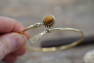 Tiger's Eye Brass Bangle Bracelet – Boho Cuff with White Gemstone – Adjustable Statement Jewellery Gift for Her