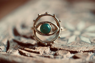 Brass Eye Ring Green Onyx, Boho Statement Ring, Evil Eye Inspired Ring, Gift for Her