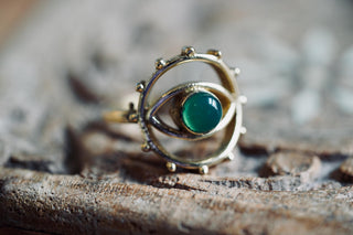 Brass Eye Ring Green Onyx, Boho Statement Ring, Evil Eye Inspired Ring, Gift for Her