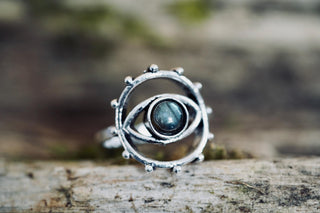 Labradorite Silver Eye Ring, Silver Plated Non Tarnish Ring, Boho Statement Ring, Evil Eye Inspired Ring, Gift for Her