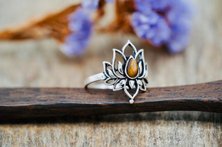 Silver Lotus Flower Ring Tiger's Eye, Non Tarnish, Silver Boho Ring, Women's Silver Flower Ring