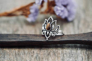 Silver Lotus Flower Ring Tiger's Eye, Non Tarnish, Silver Boho Ring, Women's Silver Flower Ring