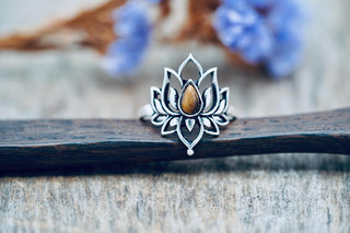 Silver Lotus Flower Ring Tiger's Eye, Non Tarnish, Silver Boho Ring, Women's Silver Flower Ring