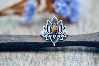 Silver Lotus Flower Ring Tiger's Eye, Non Tarnish, Silver Boho Ring, Women's Silver Flower Ring