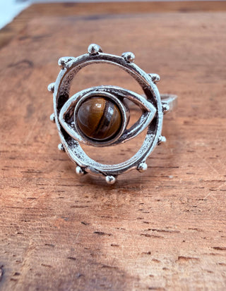 Tiger's Eye Silver Eye Ring, Silver Plated Non Tarnish Ring, Boho Statement Ring, Evil Eye Inspired Ring, Gift for Her