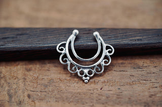 Sterling Silver Faux Septum Ring | Ornate Fake Septum | Boho Tribal Septum Jewelry | Clip On Silver Septum | Festival Jewelry