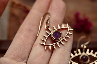 Amethyst Pendant Eye Brass Earrings, Dangling Statement Fish Hook, Unique Jewellery, Gift for Spiritual Woman