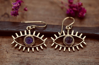 Amethyst Pendant Eye Brass Earrings, Dangling Statement Fish Hook, Unique Jewellery, Gift for Spiritual Woman