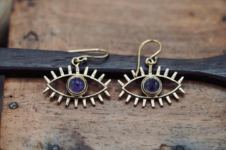 Amethyst Pendant Eye Brass Earrings, Dangling Statement Fish Hook, Unique Jewellery, Gift for Spiritual Woman