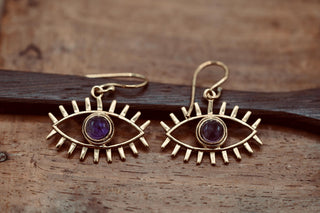 Amethyst Pendant Eye Brass Earrings, Dangling Statement Fish Hook, Unique Jewellery, Gift for Spiritual Woman