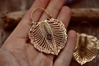 Statement Boho Amethyst Earrings, Bohemian Brass Hoops For Woman, Ethnic Jewellery