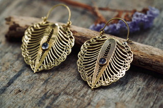 Statement Boho Amethyst Earrings, Bohemian Brass Hoops For Woman, Ethnic Jewellery