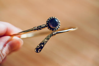 Amethyst Brass Bangle Bracelet – Boho Cuff with Purple Gemstone – Adjustable Statement Jewellery Gift for Her