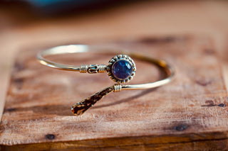 Amethyst Brass Bangle Bracelet – Boho Cuff with Purple Gemstone – Adjustable Statement Jewellery Gift for Her