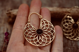 Boho Brass Hoop Earrings, Geometric Style Earrings with Black Onyx Stone, Statement Earrings from Kaali Boutique.