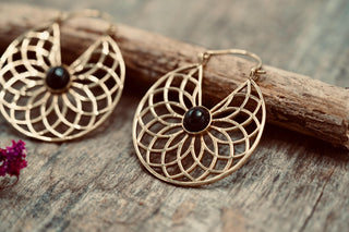 Boho Brass Hoop Earrings, Geometric Style Earrings with Black Onyx Stone, Statement Earrings from Kaali Boutique.