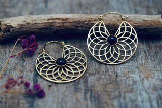 Boho Brass Hoop Earrings, Geometric Style Earrings with Black Onyx Stone, Statement Earrings from Kaali Boutique.