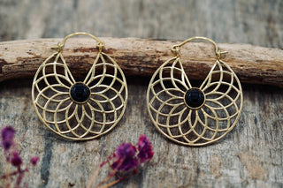 Boho Brass Hoop Earrings, Geometric Style Earrings with Black Onyx Stone, Statement Earrings from Kaali Boutique.