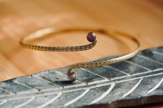 Brass Arm Cuff Bracelet Amethyst Stone – Textured Golden Upper Arm Bracelet, Boho Goddess Jewellery, Adjustable Statement Arm Band