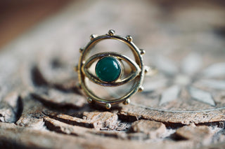 Brass Eye Ring Green Onyx, Boho Statement Ring, Evil Eye Inspired Ring, Gift for Her