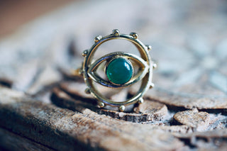 Brass Eye Ring Green Onyx, Boho Statement Ring, Evil Eye Inspired Ring, Gift for Her