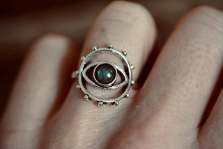 Labradorite Silver Eye Ring, Silver Plated Non Tarnish Ring, Boho Statement Ring, Evil Eye Inspired Ring, Gift for Her
