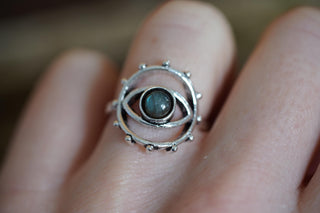 Labradorite Silver Eye Ring, Silver Plated Non Tarnish Ring, Boho Statement Ring, Evil Eye Inspired Ring, Gift for Her