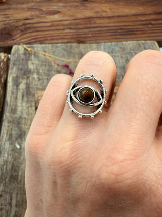 Tiger's Eye Silver Eye Ring, Silver Plated Non Tarnish Ring, Boho Statement Ring, Evil Eye Inspired Ring, Gift for Her