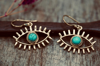 Turquoise Pendant Eye Brass Earrings, Dangling Statement Fish Hook, Unique Jewellery, Gift for Spiritual Woman