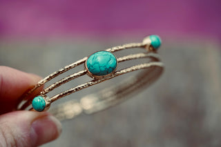 Hammered Brass Bracelet with Turquoise, Boho Bangle, Gift Box Option,