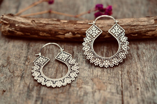 Silver Plated Brass Hoop Earrings, Floral Boho Hoops, Ethnic Statement Earrings, Lightweight Artisan Jeweller, Gift for Her