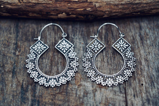 Silver Plated Brass Hoop Earrings, Floral Boho Hoops, Ethnic Statement Earrings, Lightweight Artisan Jeweller, Gift for Her