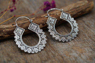 Silver Plated Brass Hoop Earrings, Floral Boho Hoops, Ethnic Statement Earrings, Lightweight Artisan Jeweller, Gift for Her
