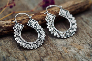 Silver Plated Brass Hoop Earrings, Floral Boho Hoops, Ethnic Statement Earrings, Lightweight Artisan Jeweller, Gift for Her