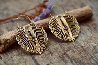 Statement Boho Amethyst Earrings, Bohemian Brass Hoops For Woman, Ethnic Jewellery