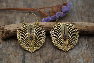 Statement Boho Amethyst Earrings, Bohemian Brass Hoops For Woman, Ethnic Jewellery
