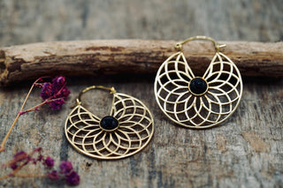 Boho Brass Hoop Earrings, Geometric Style Earrings with Black Onyx Stone, Statement Earrings from Kaali Boutique.