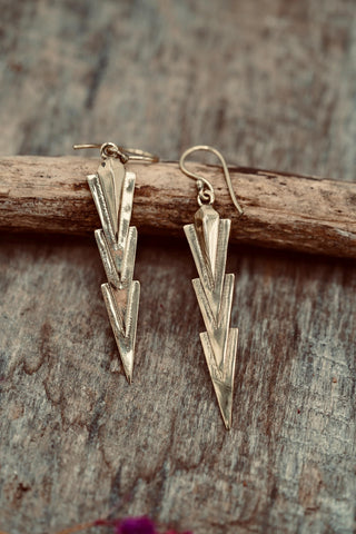 Art Deco Lightning Bolt Dangle Earrings – Minimalist Geometric Drop Earrings in Gold Tone