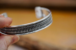 Silver Boho Cuff Bracelet, Textured Beaded Bracelet, Bohemian Jewellery Gift for Her