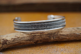 Silver Boho Cuff Bracelet, Textured Beaded Bracelet, Bohemian Jewellery Gift for Her