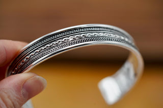 Silver Boho Cuff Bracelet, Textured Beaded Bracelet, Bohemian Jewellery Gift for Her