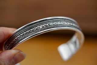 Silver Boho Cuff Bracelet, Textured Beaded Bracelet, Bohemian Jewellery Gift for Her