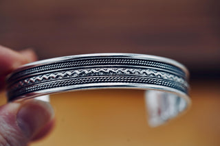 Silver Boho Cuff Bracelet, Textured Beaded Bracelet, Bohemian Jewellery Gift for Her