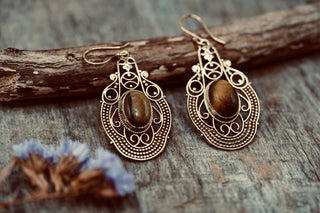 Large Brass Tiger's Eye Drop earrings, Statement Boho Earrings, Gift for Her