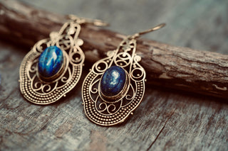 Large Brass Lapis Lazuli Drop earrings, Statement Boho Earrings, Gift for Her