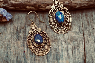 Large Brass Lapis Lazuli Drop earrings, Statement Boho Earrings, Gift for Her