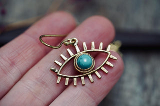 Turquoise Pendant Eye Brass Earrings, Dangling Statement Fish Hook, Unique Jewellery, Gift for Spiritual Woman