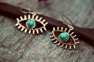 Turquoise Pendant Eye Brass Earrings, Dangling Statement Fish Hook, Unique Jewellery, Gift for Spiritual Woman