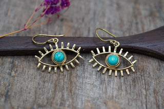 Turquoise Pendant Eye Brass Earrings, Dangling Statement Fish Hook, Unique Jewellery, Gift for Spiritual Woman